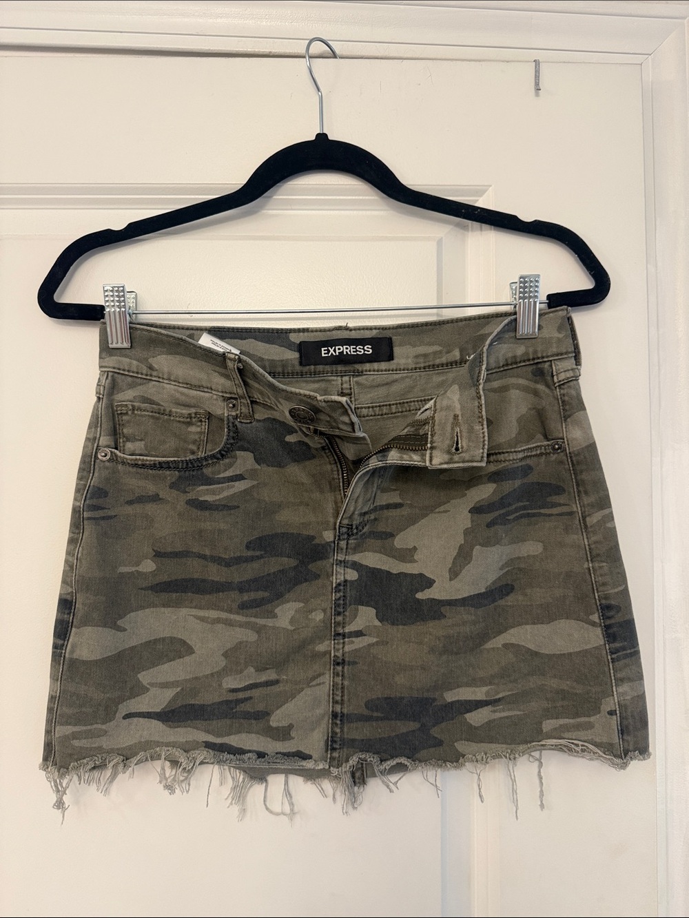Express Camo Denim Mini Skirt in Olive/Tan